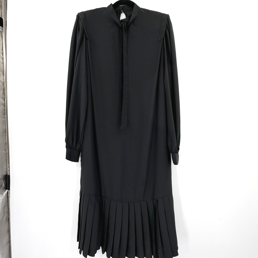 Pierre Cardin Vintage 80's Black Pleated Hem Long Tie Neck Midi Dress Size 10